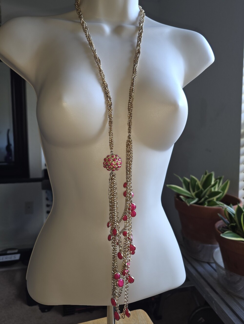 Unique Long Necklace with Pink Bead Tassels